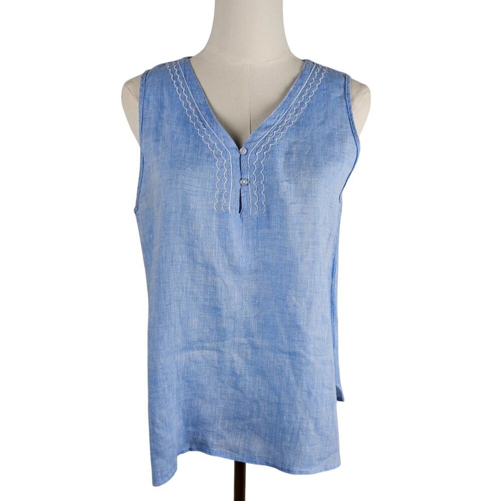 Hiho Blue Linen Sleeveless Tunic Top Small Scalloped V-Neck Coastal Resort‎